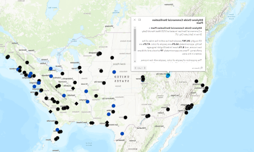 A screenshot of an interactive map of the US that shows ethylene oxide emitting facilities.